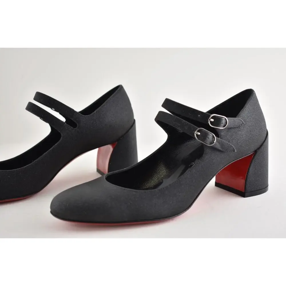 Christian Louboutin Miss Jane 55 Black Glitter Mary Jane Block Heel Pump 37.5